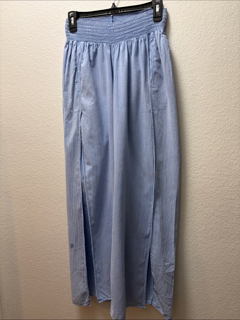 Light Sky Blue Smocked Waist Wide leg Pants with Front Slits